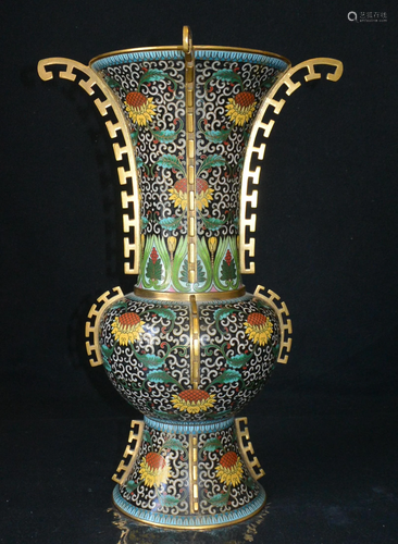 A Rare Copper Body Cloisonne Named HUAGU Vase.