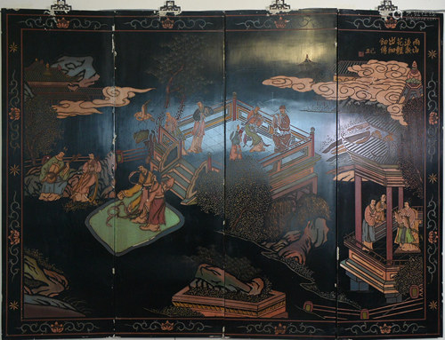 FOUR PANEL CHINESE BLACK LACQUERED INLAID SCREEN