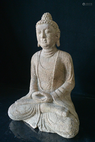 A CARVED STONE BUDDHA STATUES. China Ancient times