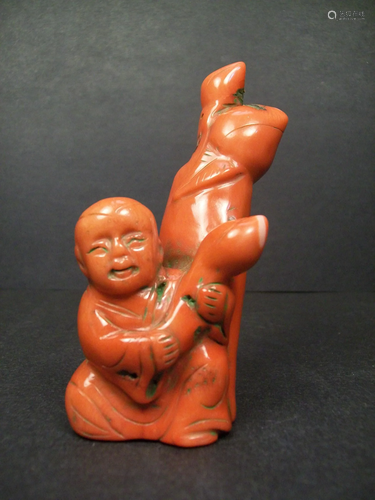 Red Coral Carved branch form boy and Peach