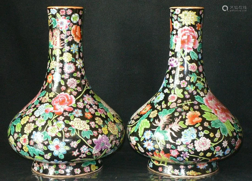 Porcelain Pair Ink pastel flowers grain chestnut vase