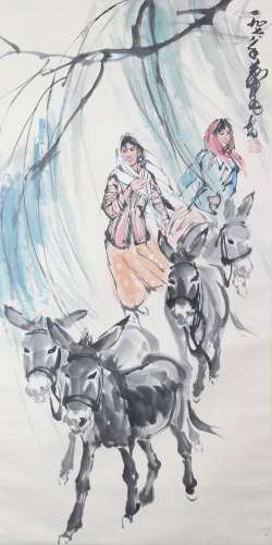 Chinese Painting Of Figure And Donkey - Huang Zhou
