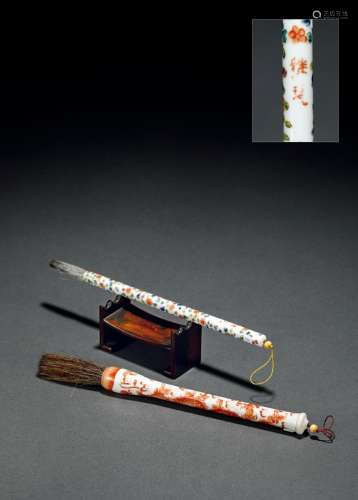 清 龙纹、花卉纹瓷制毛笔及红木笔架 （一组三件）