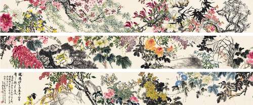 陆抑非（1908～1997） 1986年作 百花寿石卷 手卷 设色纸本