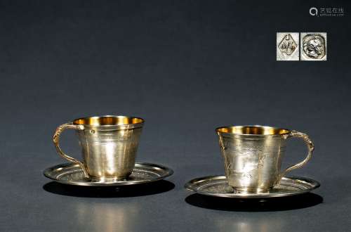 1910年制 纯银鎏金意式咖啡杯 （一对)