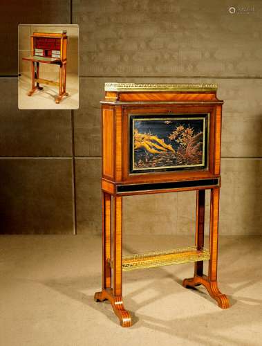 1910年制 路易十六风格铜鎏金和日本漆画装饰郁金香木和紫芯苏木镶...