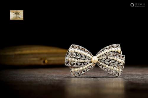 爱德华时期 蝴蝶结造型珍珠及钻石胸针