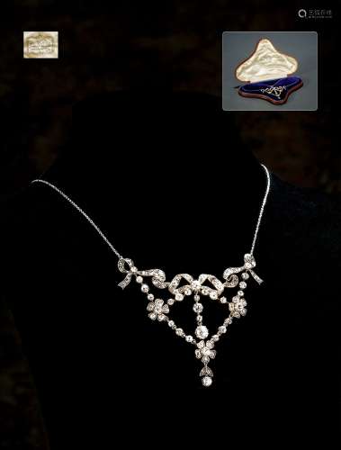 维多利亚时期 蝴蝶结绸蔓花卉饰钻石项链