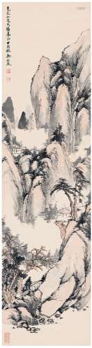 余绍宋（1883～1949） 1934年作 为何其巩作  云山悬瀑图 立轴 设色纸...