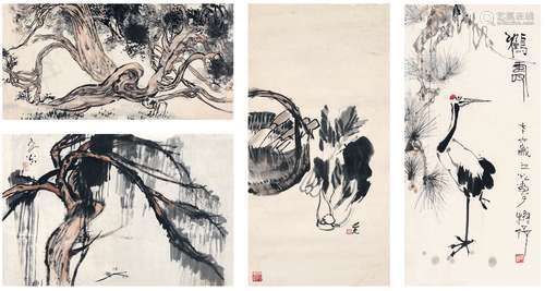 谢之光（1900～1976） 花鸟树木四帧 镜片（三帧）·画心（一帧） 设色纸本