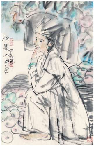 吴山明（1941～2021） 2007年作 硕果少女图 画心 设色纸本