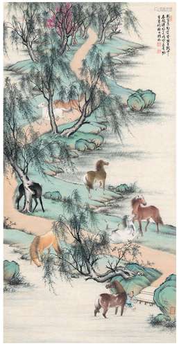 殷梓湘（1909～1984） 1981年作 柳溪八骏图 画心 设色纸本