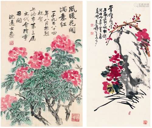 王个簃（1896～1988）沈迈士（1891～1986） 花卉二帧 镜片（二帧） 设色纸...