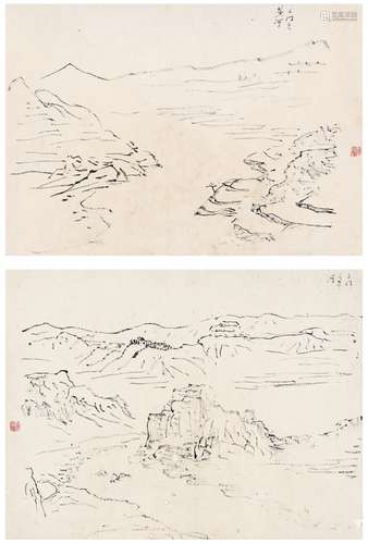 黄宾虹（1865～1955） 黄河写生稿二帧 镜片（二帧） 水墨纸本