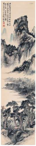 胡佩衡（1892～1965） 1928年作 为何其巩作  秋阴江村图 立轴 设色纸...