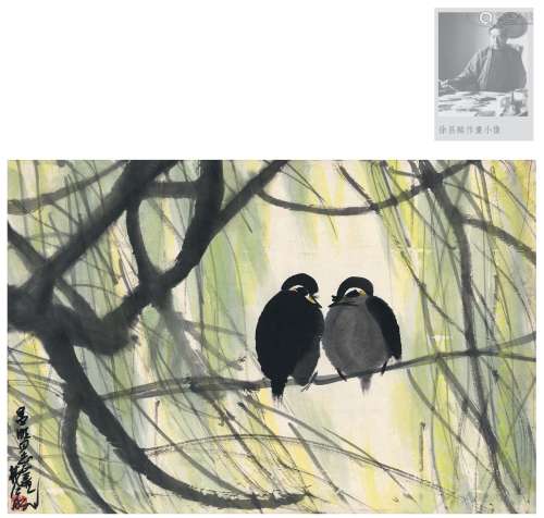 林风眠（1900～1991） 为徐昌酩作  柳间禽趣图 镜片 设色纸本