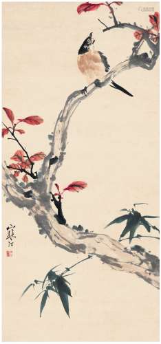 江寒汀（1904～1963） 红叶鸟鸣图 镜片 设色纸本