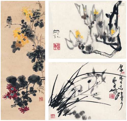 谢之光（1900～1976）蒋风白（1915～2004） 花卉三帧 镜片·画心 设色纸...