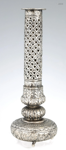 A 19TH CENTURY EASTERN SILVER PIERCED VASE with lo