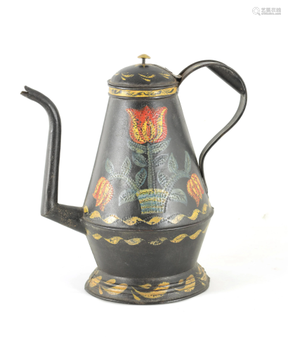 A 19TH CENTURY AMERICAN PAINTED TINWARE TEAPOT dec