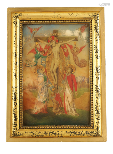A 19TH CENTURY OIL ON ONYX PANEL.The crucifixion o
