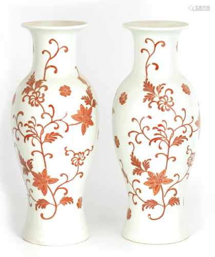 A PAIR OF CHINESE WHITE AND IRON RED VASES of balu