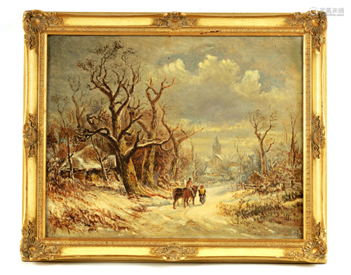 A MID 19TH CENTURY OIL ON CANVAS depicting a winte