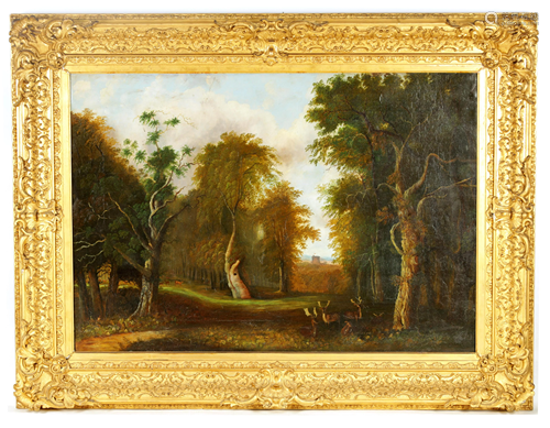 AN 18TH CENTURY OIL ON CANVAS depicting a tree-lin