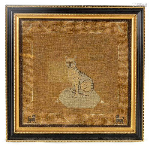 A 19TH CENTURY TAPESTRY depicting a seated cat 30c