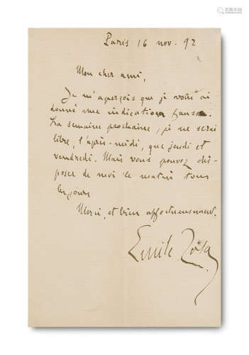 Emile Zola. Eigenhändiger Brief mit