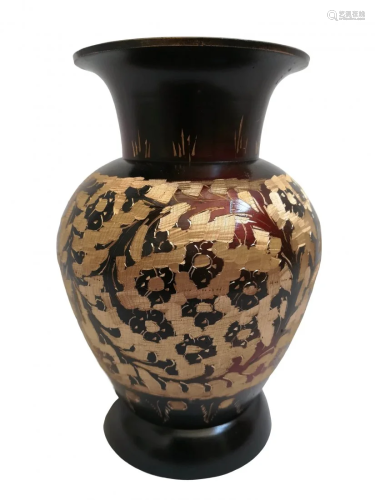 Deep maroon vase with modern art