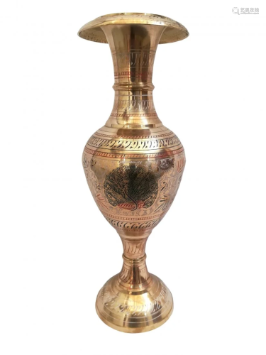 Statement pure brass vase with colourful peacock
