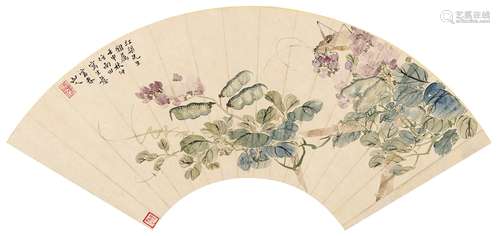 张大壮（1903～1980） 1932年作 花虫写生图 扇页 设色纸本