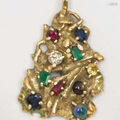 Pendentif en or jaune (14K), orné de saphirs, émeraudes et p...