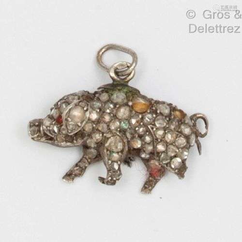 Pendentif « Cochon » en argent pavé de diamants taillés en r...