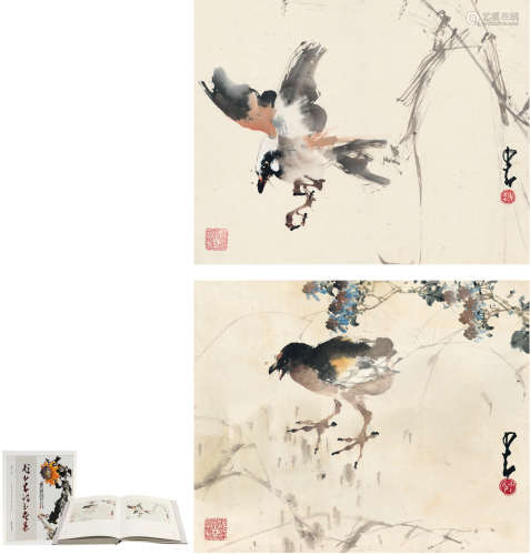 赵少昂（1905～1998） 花鸟小品 （二帧） 镜片 设色纸本