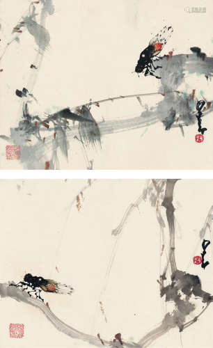赵少昂（1905～1998） 柳蝉图 （二帧） 镜片 设色纸本