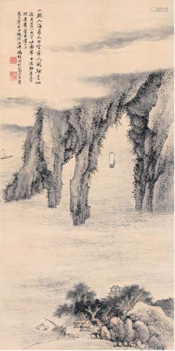 冯超然（1882～1954） 1929年作 云崖行帆图 立轴 设色纸本