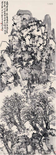 王震（1867～1938） 1923年作 寒林策杖图 立轴 水墨纸本