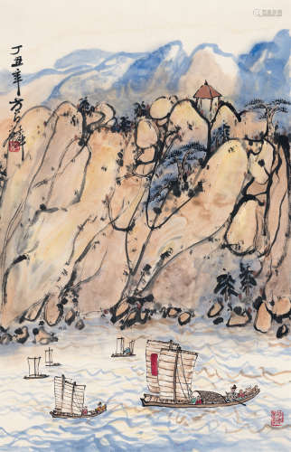 方召麟（1914～2006） 1997年作 游江图 镜片 设色纸本