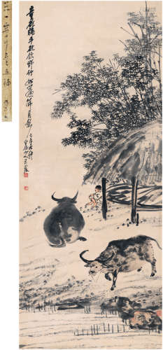 王震（1867～1938） 1919年作 月影牧牛图 立轴 设色纸本