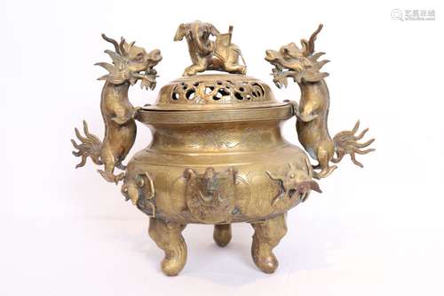 TRES BEAU BRÛLE- PARFUM TRIPODE CHINOIS EN BRONZE CISELE DOR...