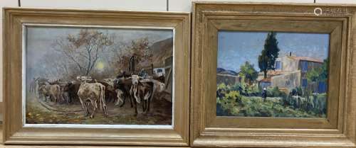 A. Riberon, oil on board, Cattle leaving a barn, signed, 33 ...