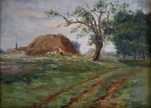E. Petit, oil on canvas board, Landscape with figures beside...