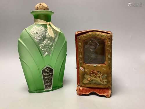 A papier mache and velvet ‘sedan chair’ scent bottle case, a...