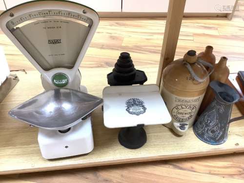 Two sets of scales, three stoneware bottles etc