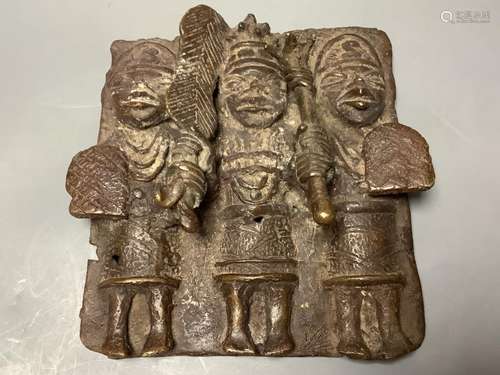 A Benin style bronze plaque, width 17cm, height 17cm