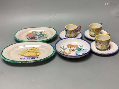 A group of Vietri maiolica wares, 3 cups and saucers and dis...