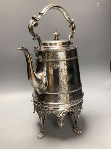 An Elkington's silver plated tea kettle on stand, height 43c...