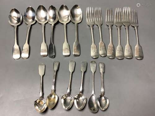 A set of six George III silver fiddle pattern dessert spoons...